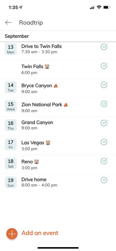 road trip event list